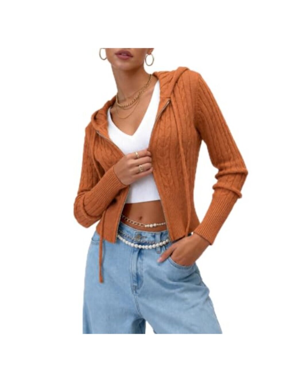 Women's Zip Up Hoodie Cable Knit Crop Cardigan Long Sleeve Y2k Jacket